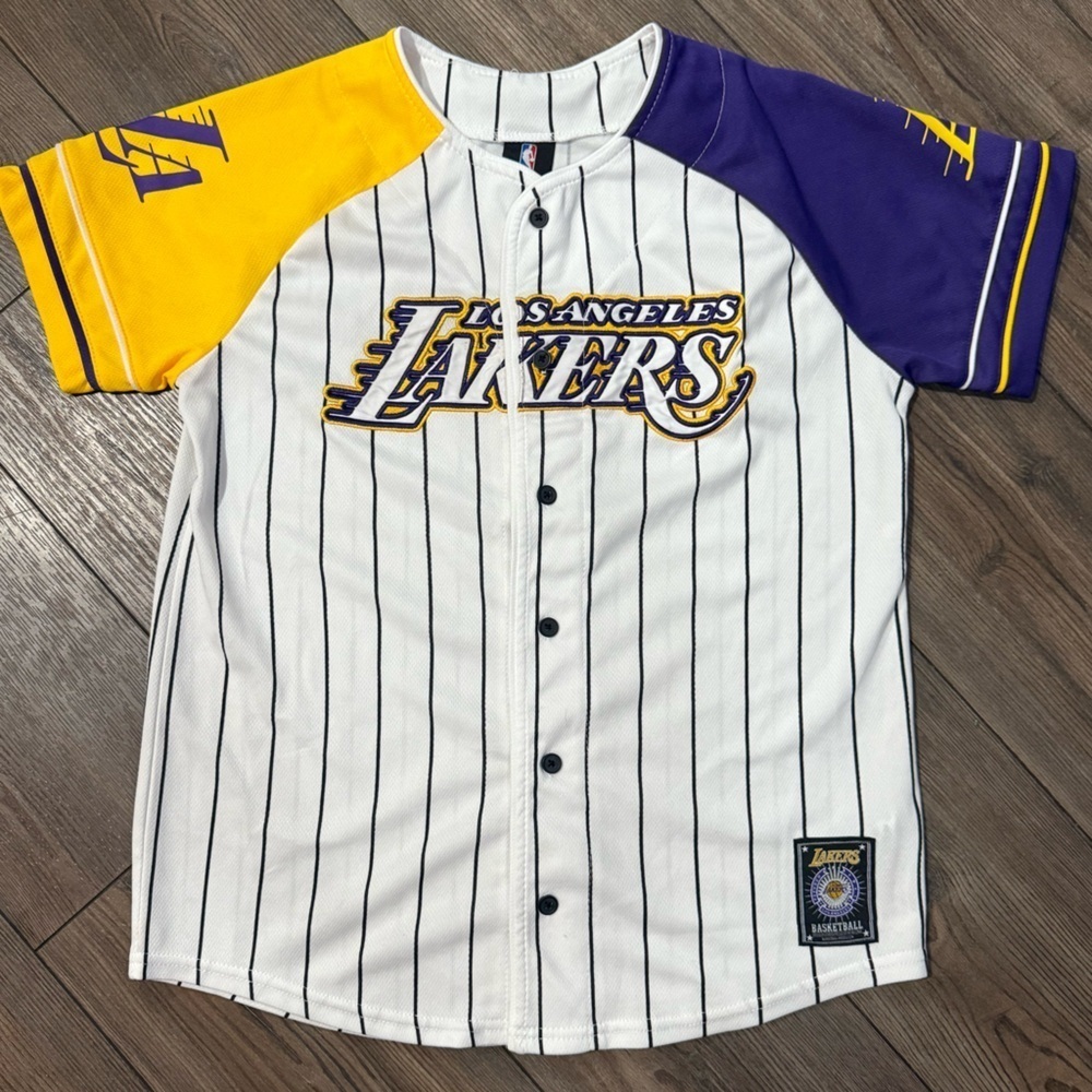 LA Lakers Youth 18/20 Button Front Jersey Pinstripe Purple Gold Colorblock